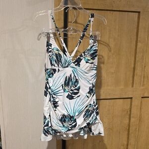 (J29) Tropical Print Ruffle Hem Swimsuit Sz 14